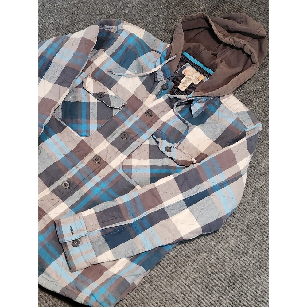 Y2K Op Ocean Pacific Mens Quilted Hooded Flannel Shirt Jacket Blue Plaid Large